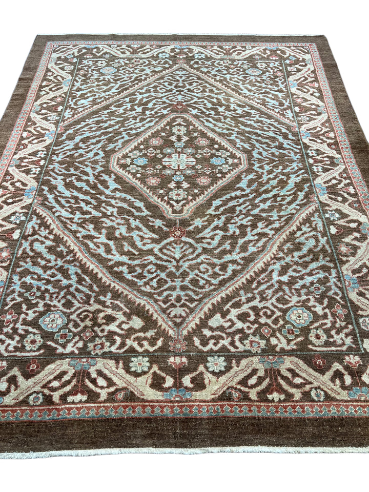 Chocolate Brown &amp; Sky Blue Antique Bakshaish Rug – The Azure Heritage – Circa 1930s – 6’4” x 8’3”