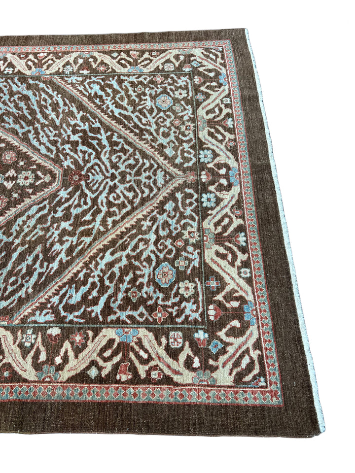 Chocolate Brown &amp; Sky Blue Antique Bakshaish Rug – The Azure Heritage – Circa 1930s – 6’4” x 8’3”