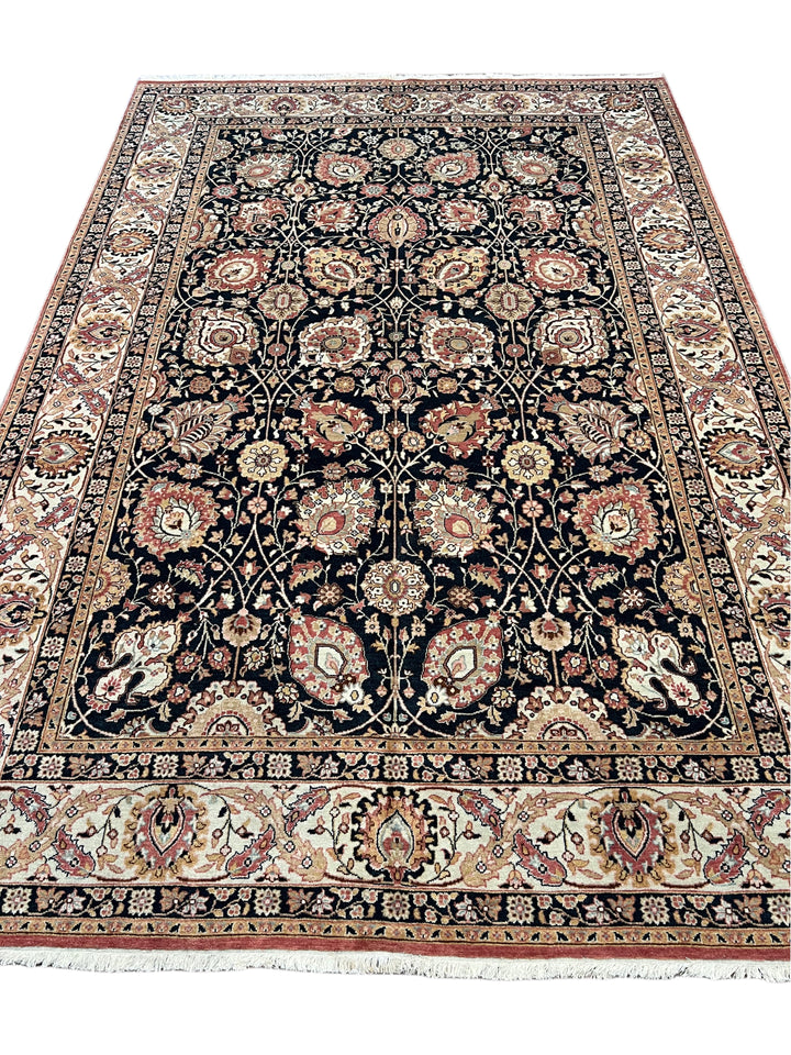 The Midnight Garden - Navy Blue &amp; Dusty Rose Floral Rug – 5’11” x 8’10”