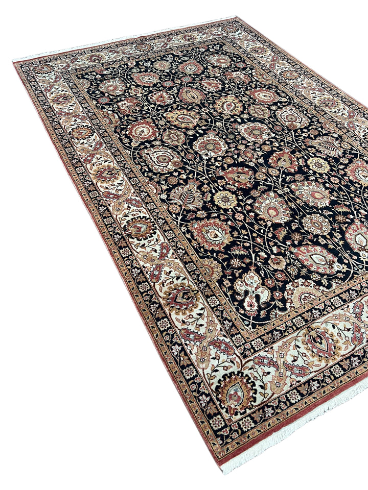 The Midnight Garden - Navy Blue &amp; Dusty Rose Floral Rug – 5’11” x 8’10”