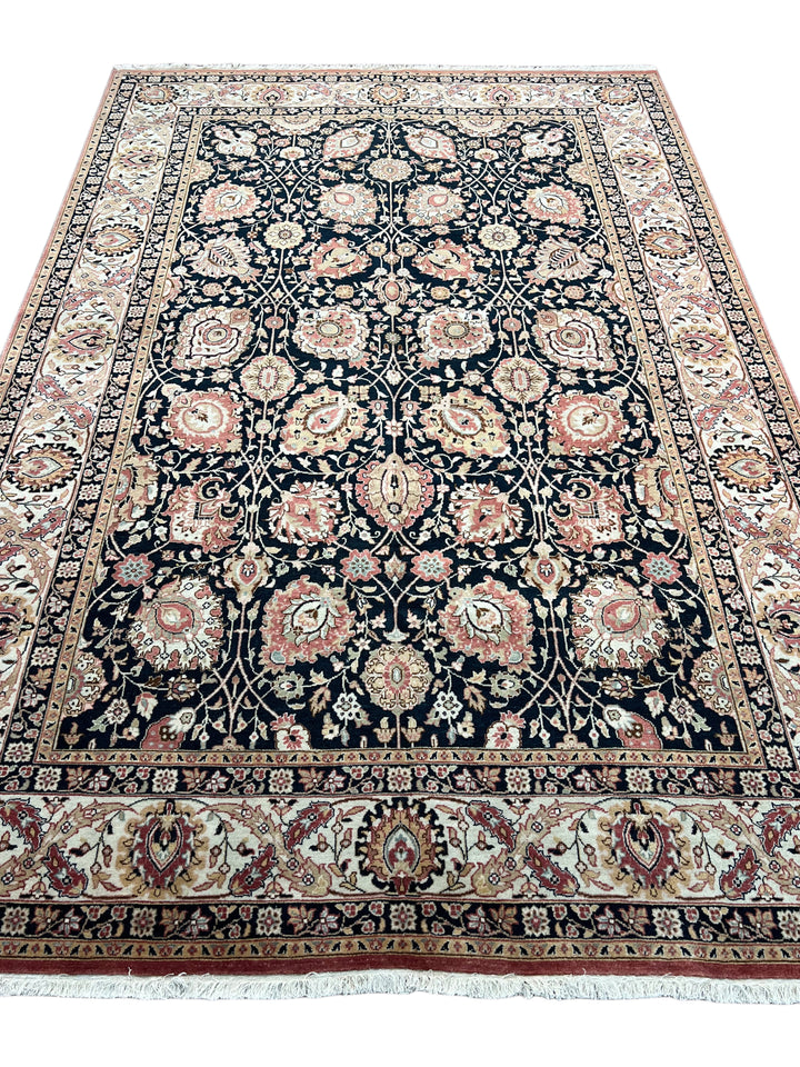 The Midnight Garden - Navy Blue &amp; Dusty Rose Floral Rug – 5’11” x 8’10”