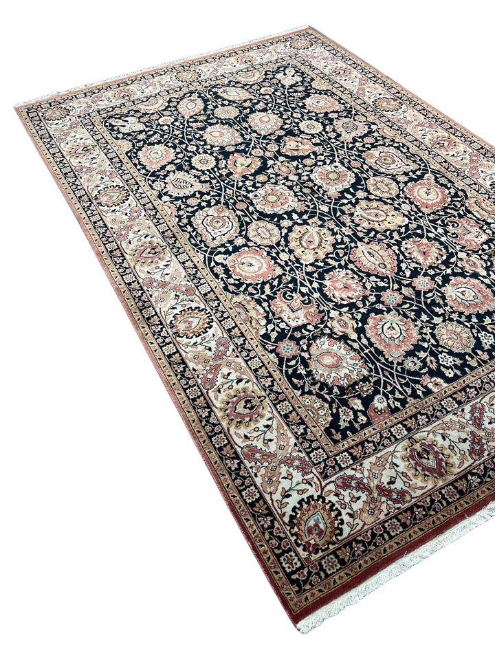 The Midnight Garden - Navy Blue &amp; Dusty Rose Floral Rug – 5’11” x 8’10”
