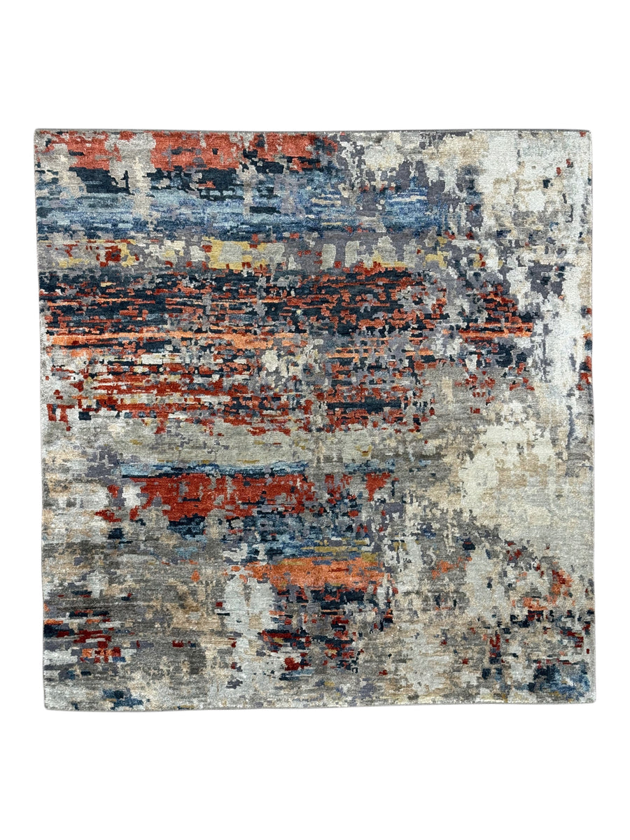 Ember Horizon - Rust Orange, Navy Blue & Silver Grey Modern Abstract Square Rug – 5’9” x 6’1”