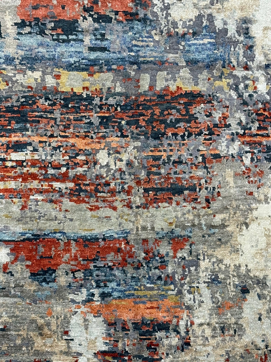 Ember Horizon - Rust Orange, Navy Blue &amp; Silver Grey Modern Abstract Square Rug – 5’9” x 6’1”