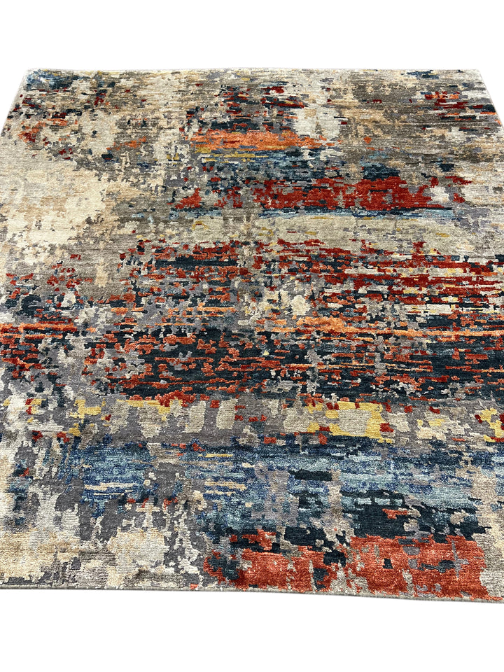 Ember Horizon - Rust Orange, Navy Blue &amp; Silver Grey Modern Abstract Square Rug – 5’9” x 6’1”