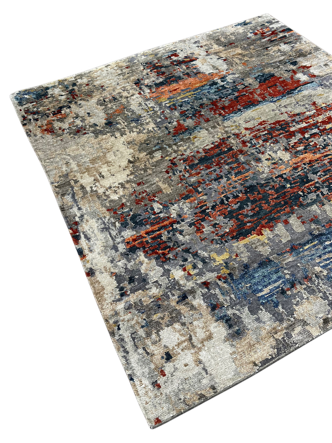 Ember Horizon - Rust Orange, Navy Blue &amp; Silver Grey Modern Abstract Square Rug – 5’9” x 6’1”