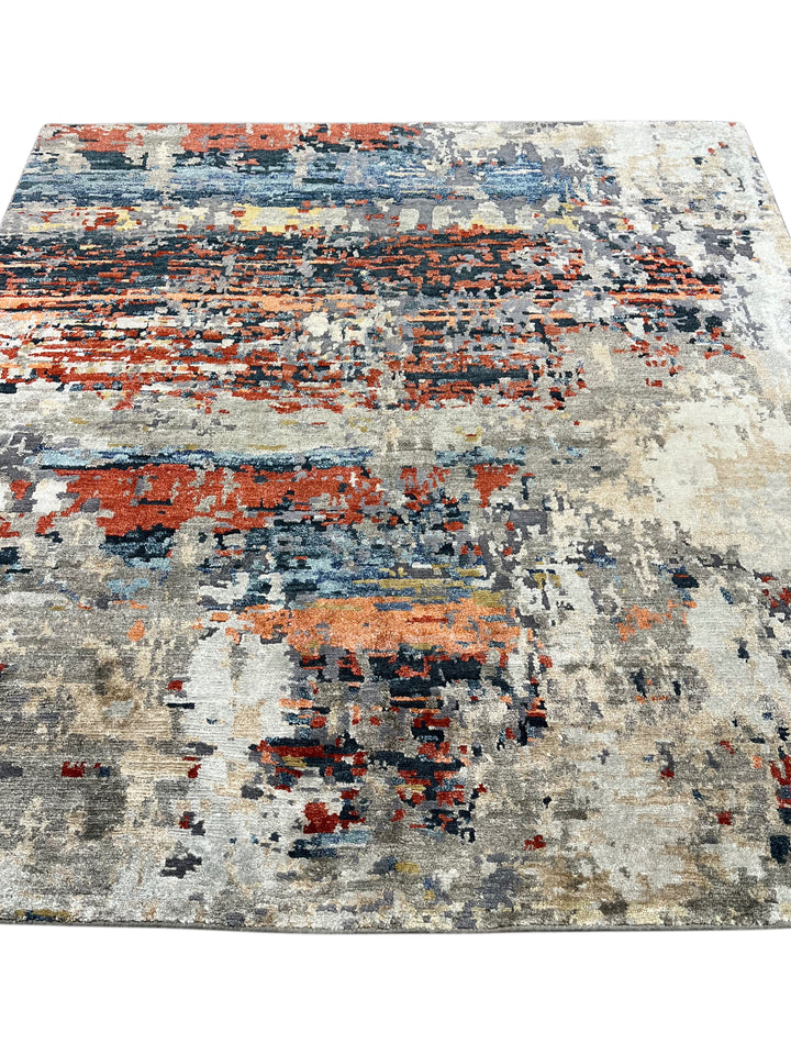 Ember Horizon - Rust Orange, Navy Blue &amp; Silver Grey Modern Abstract Square Rug – 5’9” x 6’1”