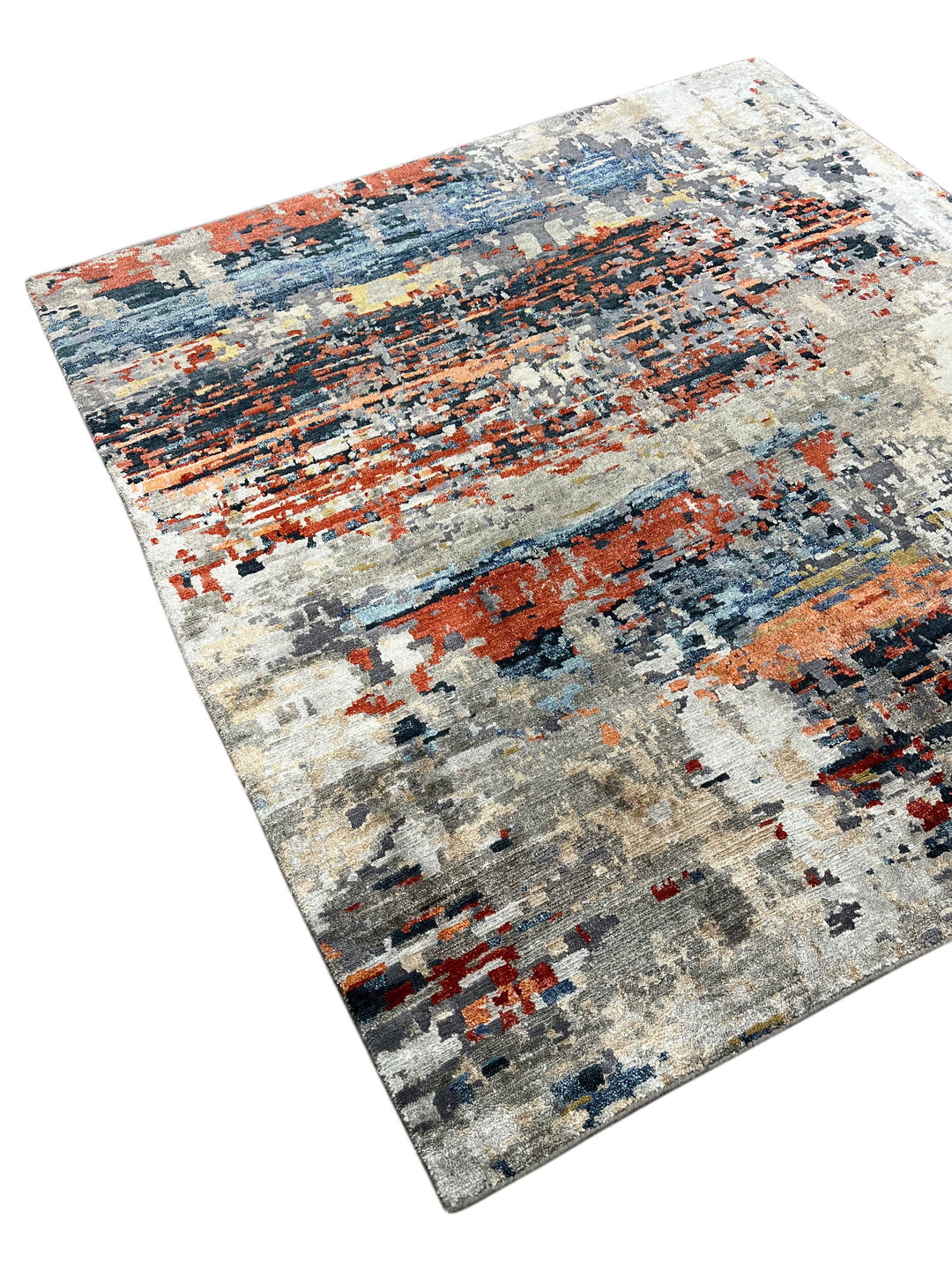 Ember Horizon - Rust Orange, Navy Blue &amp; Silver Grey Modern Abstract Square Rug – 5’9” x 6’1”