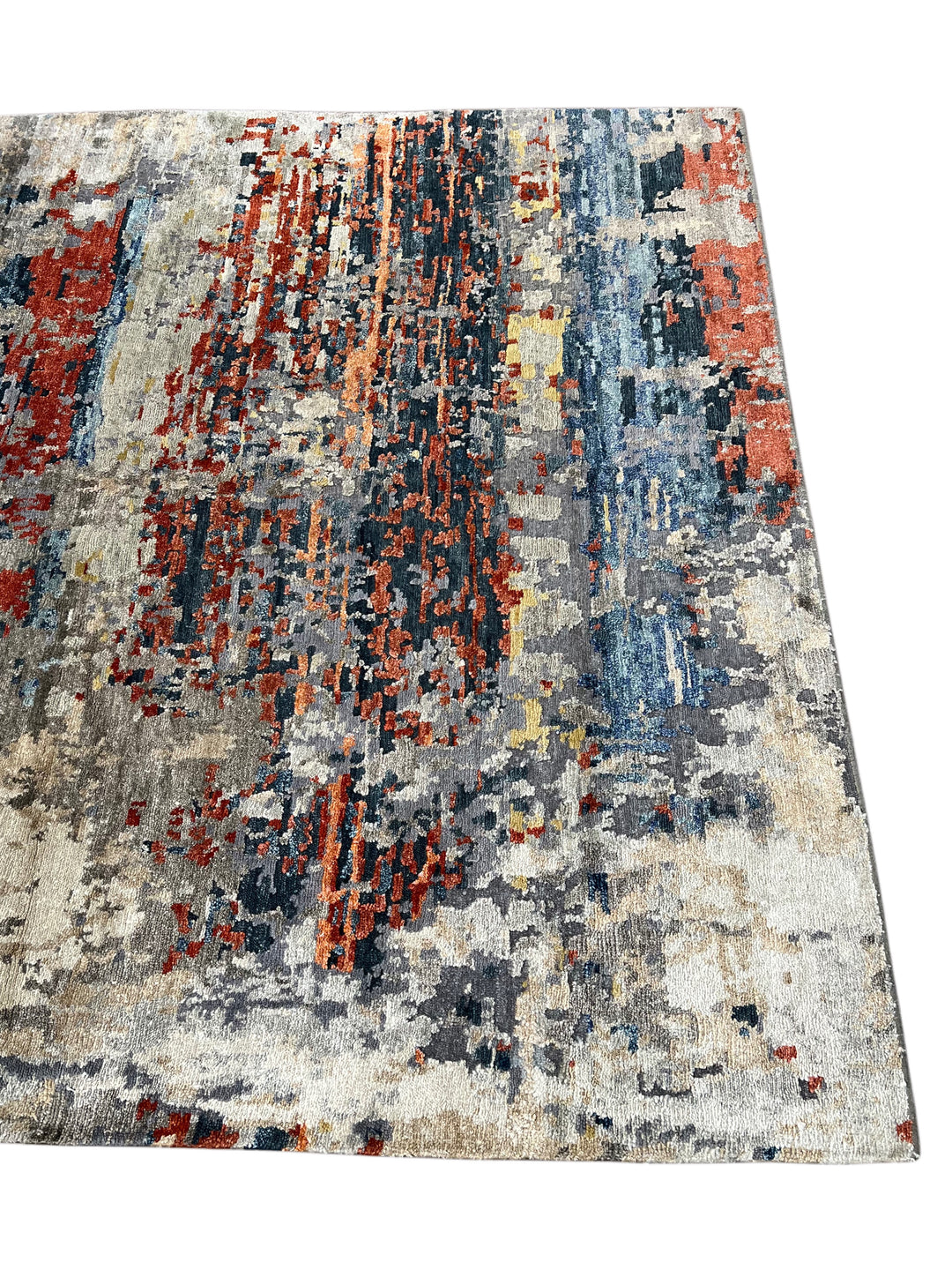 Ember Horizon - Rust Orange, Navy Blue &amp; Silver Grey Modern Abstract Square Rug – 5’9” x 6’1”