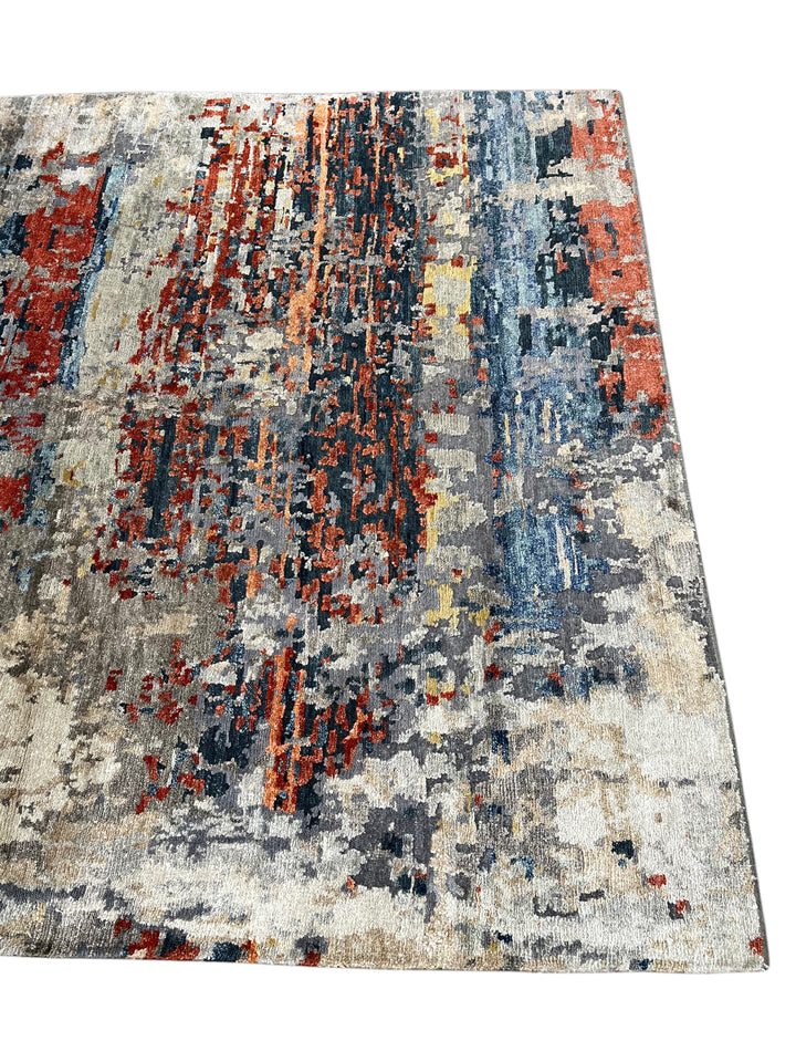 Ember Horizon - Rust Orange, Navy Blue &amp; Silver Grey Modern Abstract Square Rug – 5’9” x 6’1”