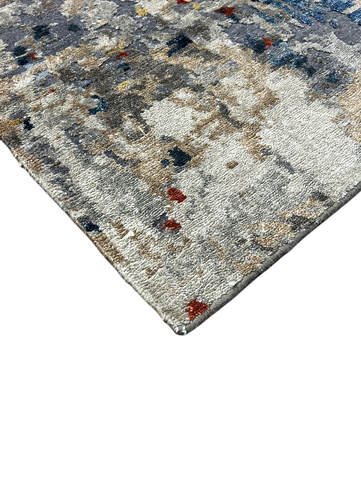 Ember Horizon - Rust Orange, Navy Blue &amp; Silver Grey Modern Abstract Square Rug – 5’9” x 6’1”