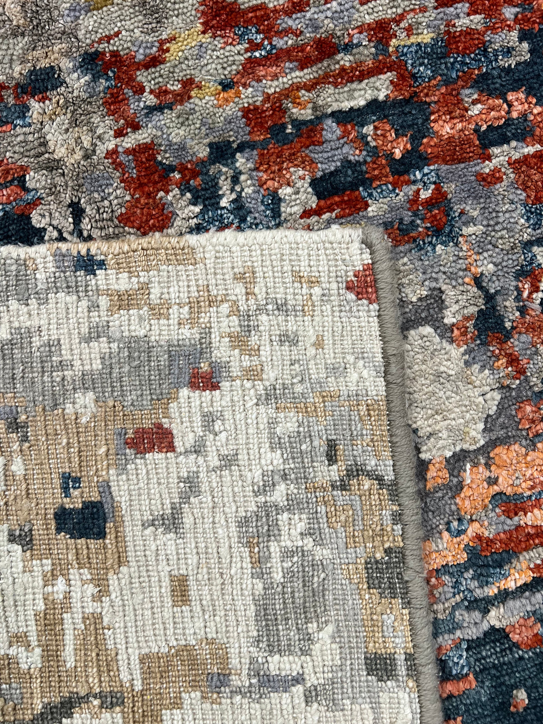 Ember Horizon - Rust Orange, Navy Blue &amp; Silver Grey Modern Abstract Square Rug – 5’9” x 6’1”
