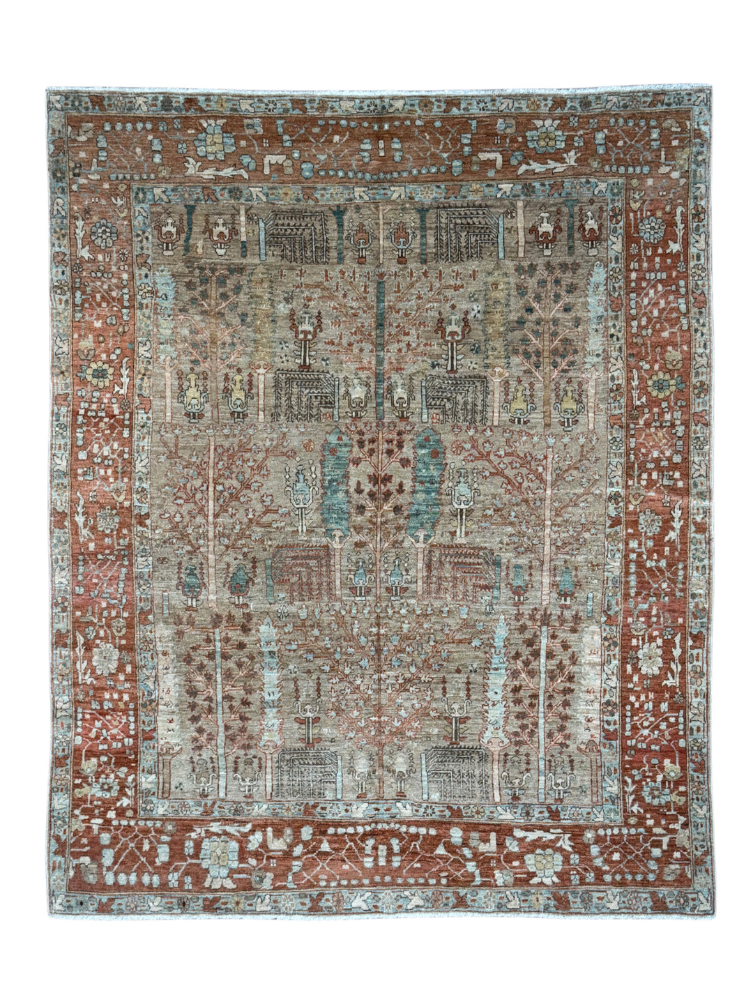 Terracotta &amp; Aqua Blue Antique Bakshaish Rug – Garden Design, Circa 1930 – 6’0” x 7’4”