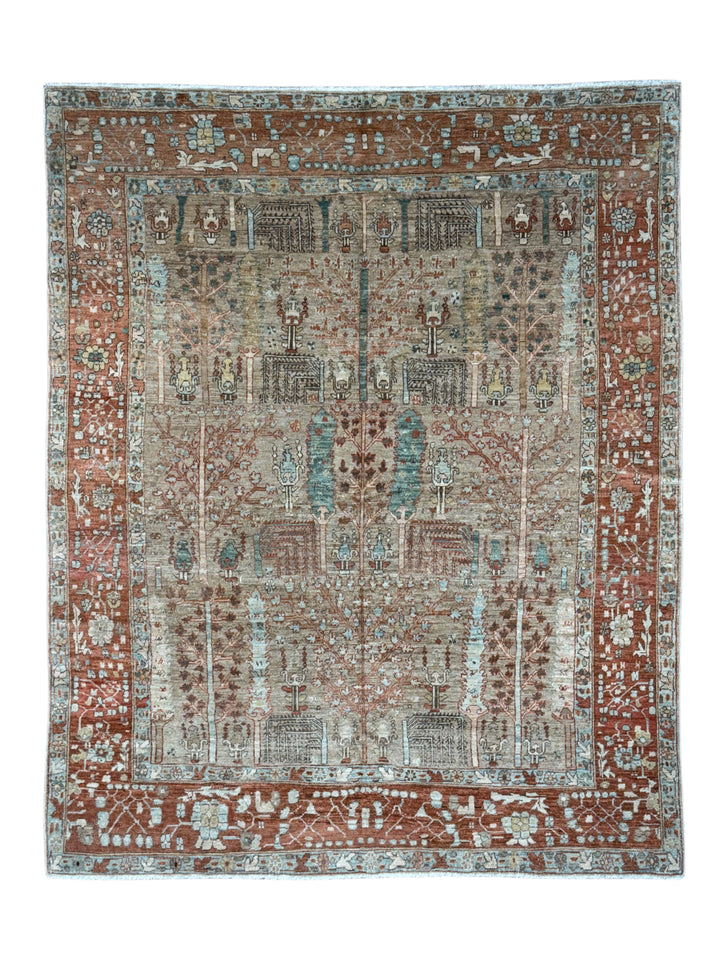 Terracotta &amp; Aqua Blue Antique Bakshaish Rug – Garden Design, Circa 1930 – 6’0” x 7’4”