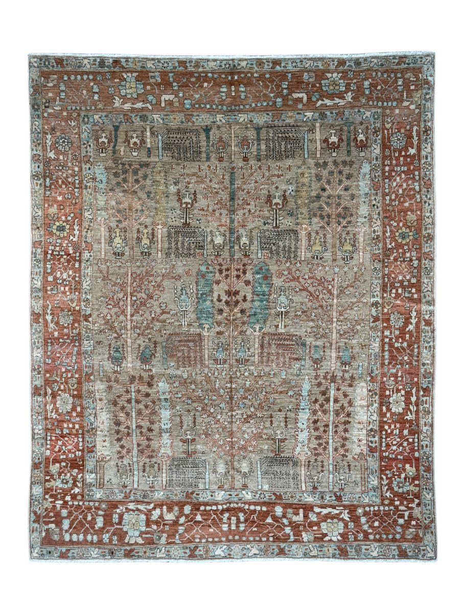 Terracotta & Aqua Blue Antique Bakshaish Rug – Garden Design, Circa 1930 – 6’0” x 7’4”
