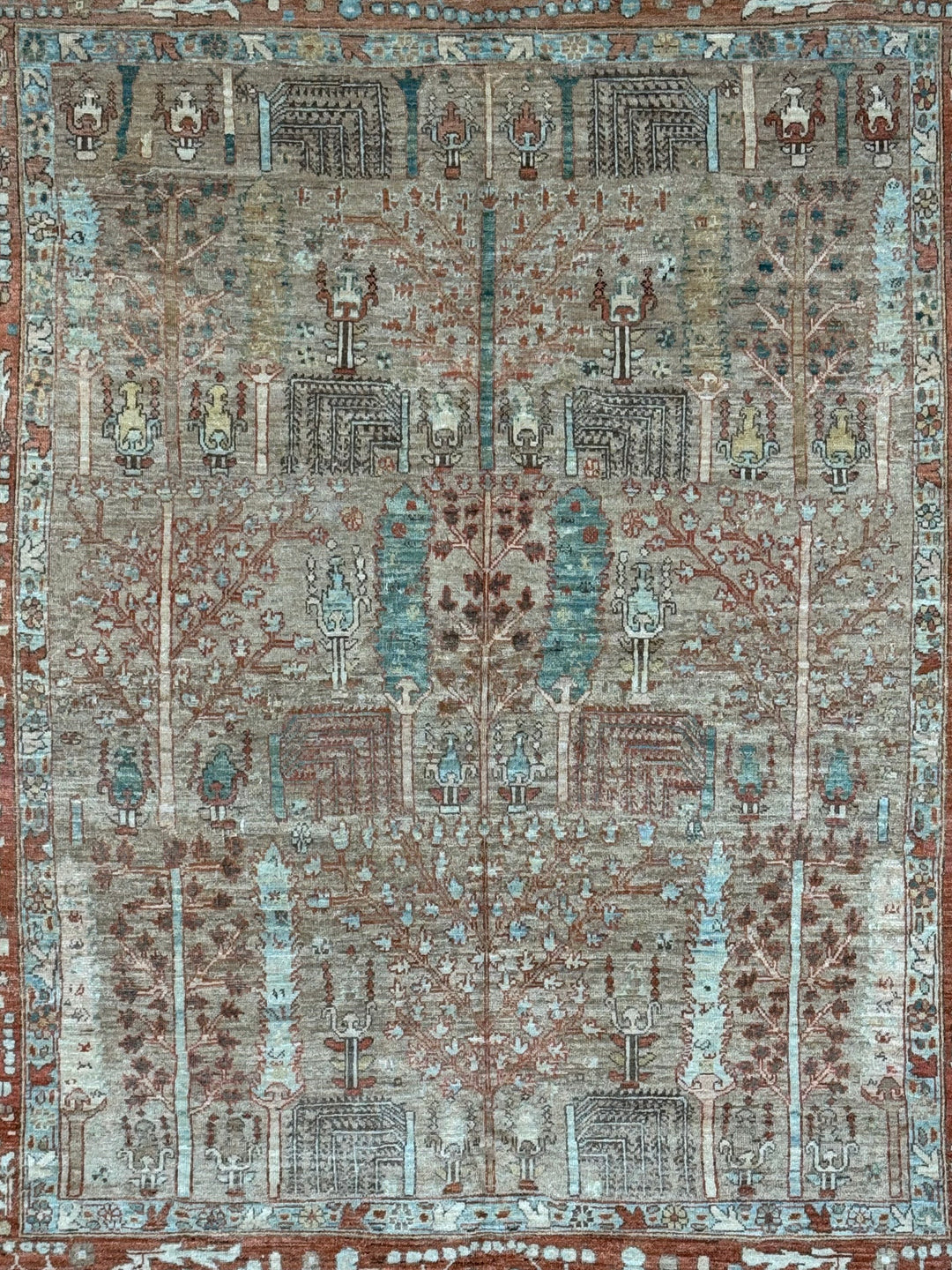 Terracotta &amp; Aqua Blue Antique Bakshaish Rug – Garden Design, Circa 1930 – 6’0” x 7’4”