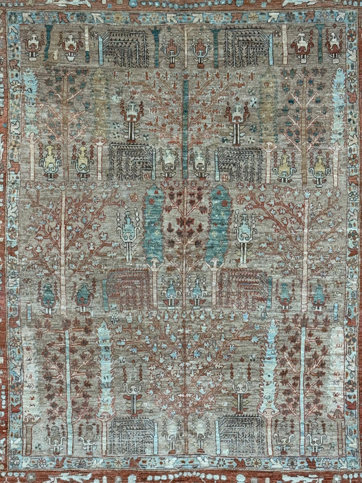 Terracotta &amp; Aqua Blue Antique Bakshaish Rug – Garden Design, Circa 1930 – 6’0” x 7’4”