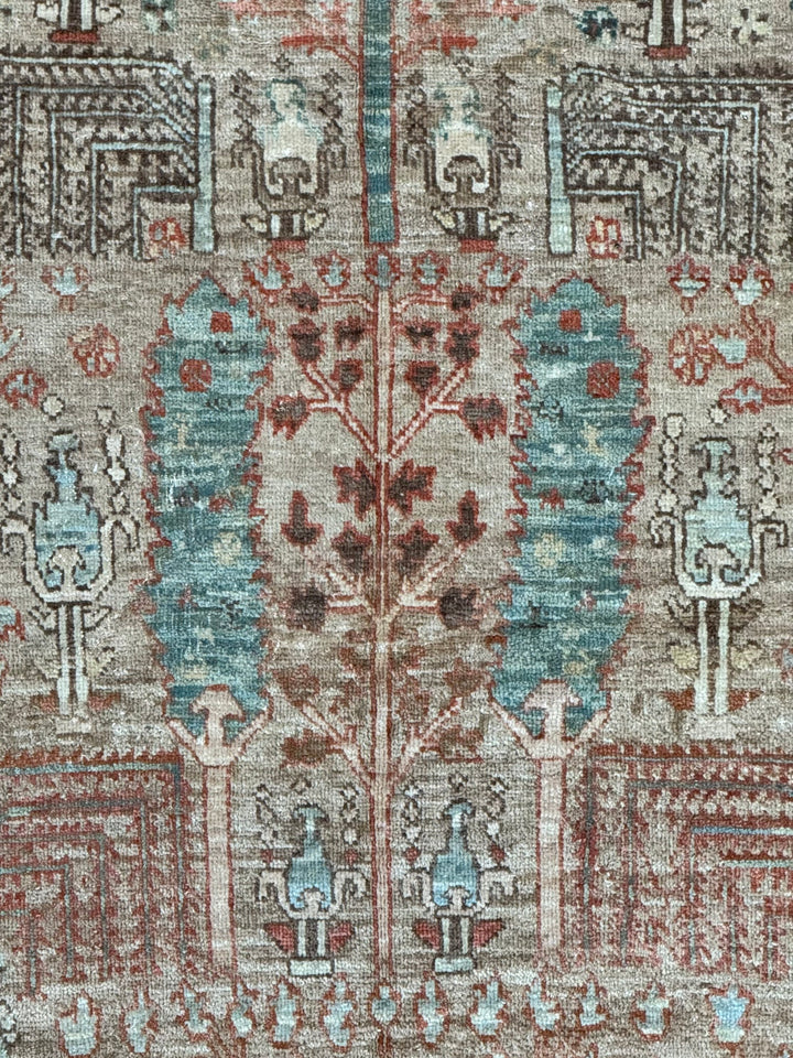 Terracotta &amp; Aqua Blue Antique Bakshaish Rug – Garden Design, Circa 1930 – 6’0” x 7’4”