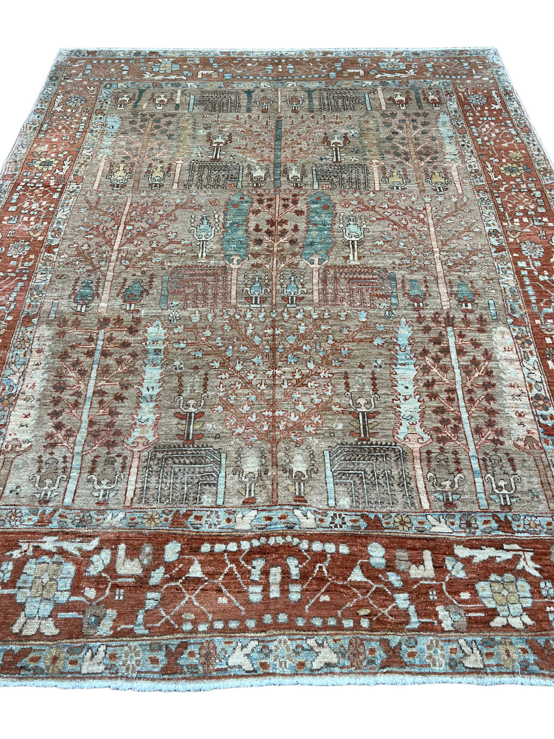 Terracotta &amp; Aqua Blue Antique Bakshaish Rug – Garden Design, Circa 1930 – 6’0” x 7’4”
