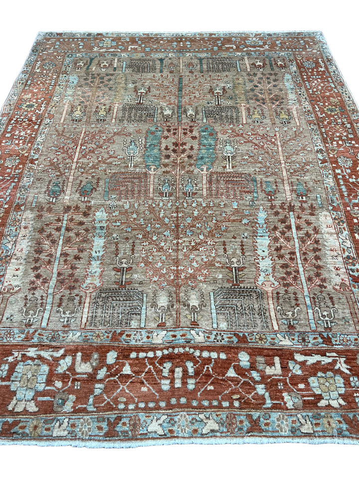 Terracotta &amp; Aqua Blue Antique Bakshaish Rug – Garden Design, Circa 1930 – 6’0” x 7’4”