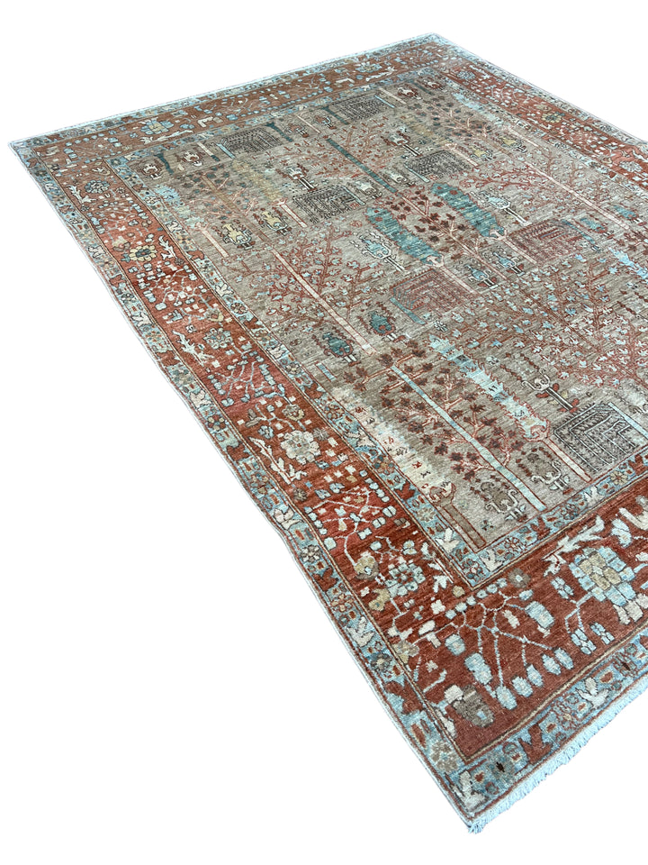 Terracotta &amp; Aqua Blue Antique Bakshaish Rug – Garden Design, Circa 1930 – 6’0” x 7’4”