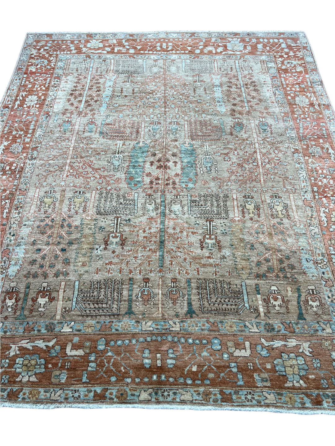 Terracotta &amp; Aqua Blue Antique Bakshaish Rug – Garden Design, Circa 1930 – 6’0” x 7’4”