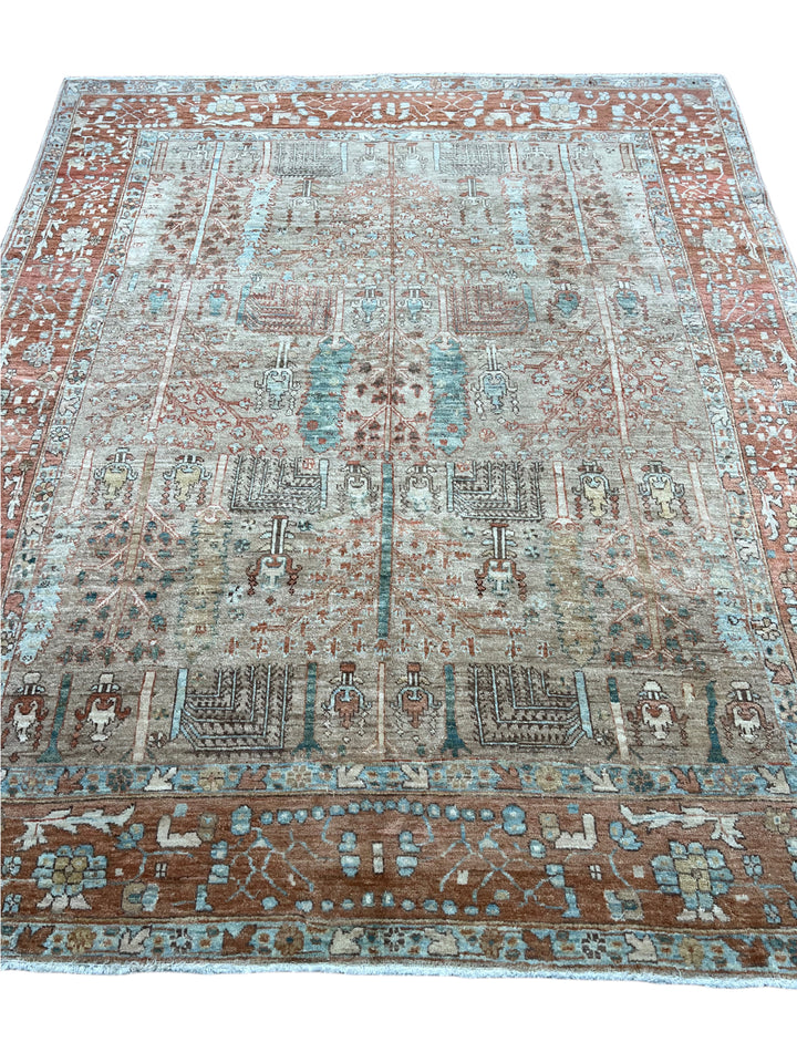 Terracotta &amp; Aqua Blue Antique Bakshaish Rug – Garden Design, Circa 1930 – 6’0” x 7’4”