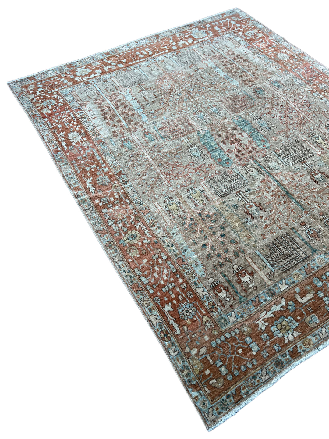 Terracotta &amp; Aqua Blue Antique Bakshaish Rug – Garden Design, Circa 1930 – 6’0” x 7’4”