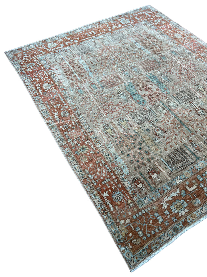 Terracotta &amp; Aqua Blue Antique Bakshaish Rug – Garden Design, Circa 1930 – 6’0” x 7’4”