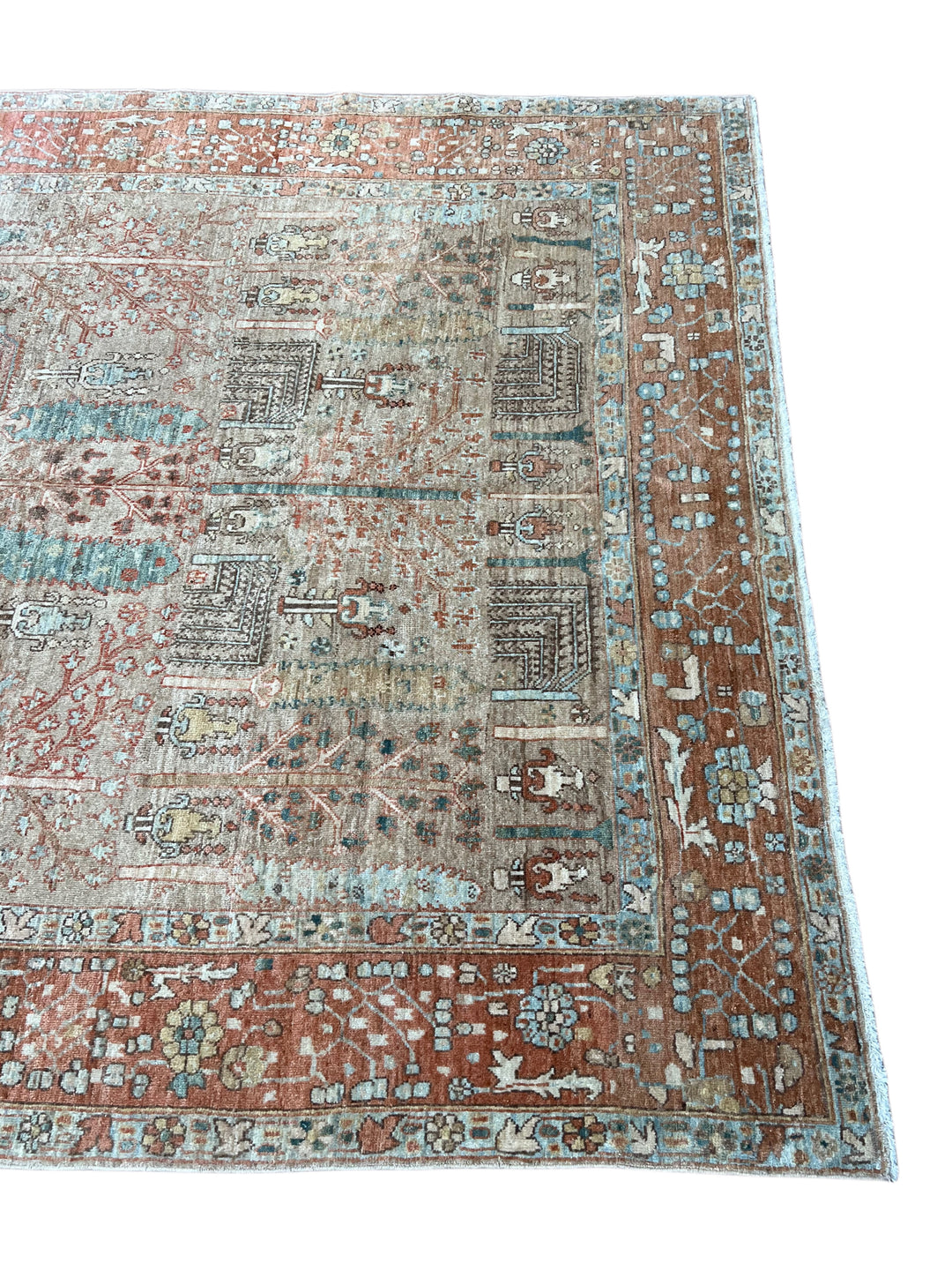 Terracotta &amp; Aqua Blue Antique Bakshaish Rug – Garden Design, Circa 1930 – 6’0” x 7’4”