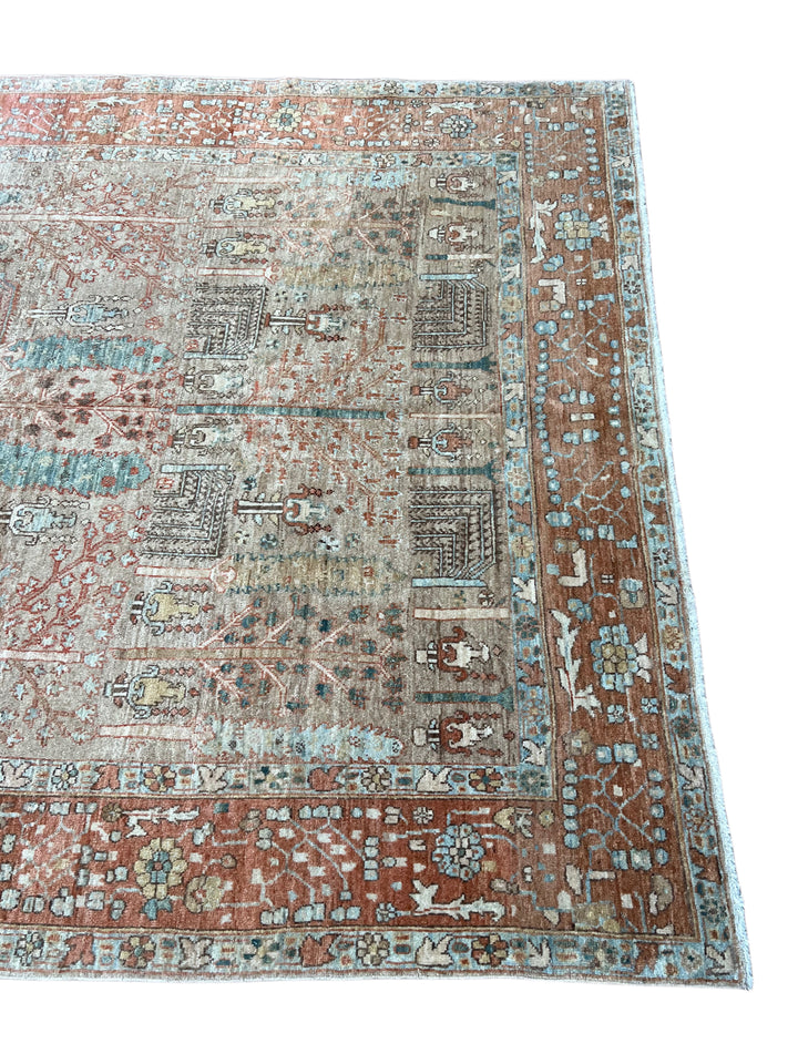 Terracotta &amp; Aqua Blue Antique Bakshaish Rug – Garden Design, Circa 1930 – 6’0” x 7’4”