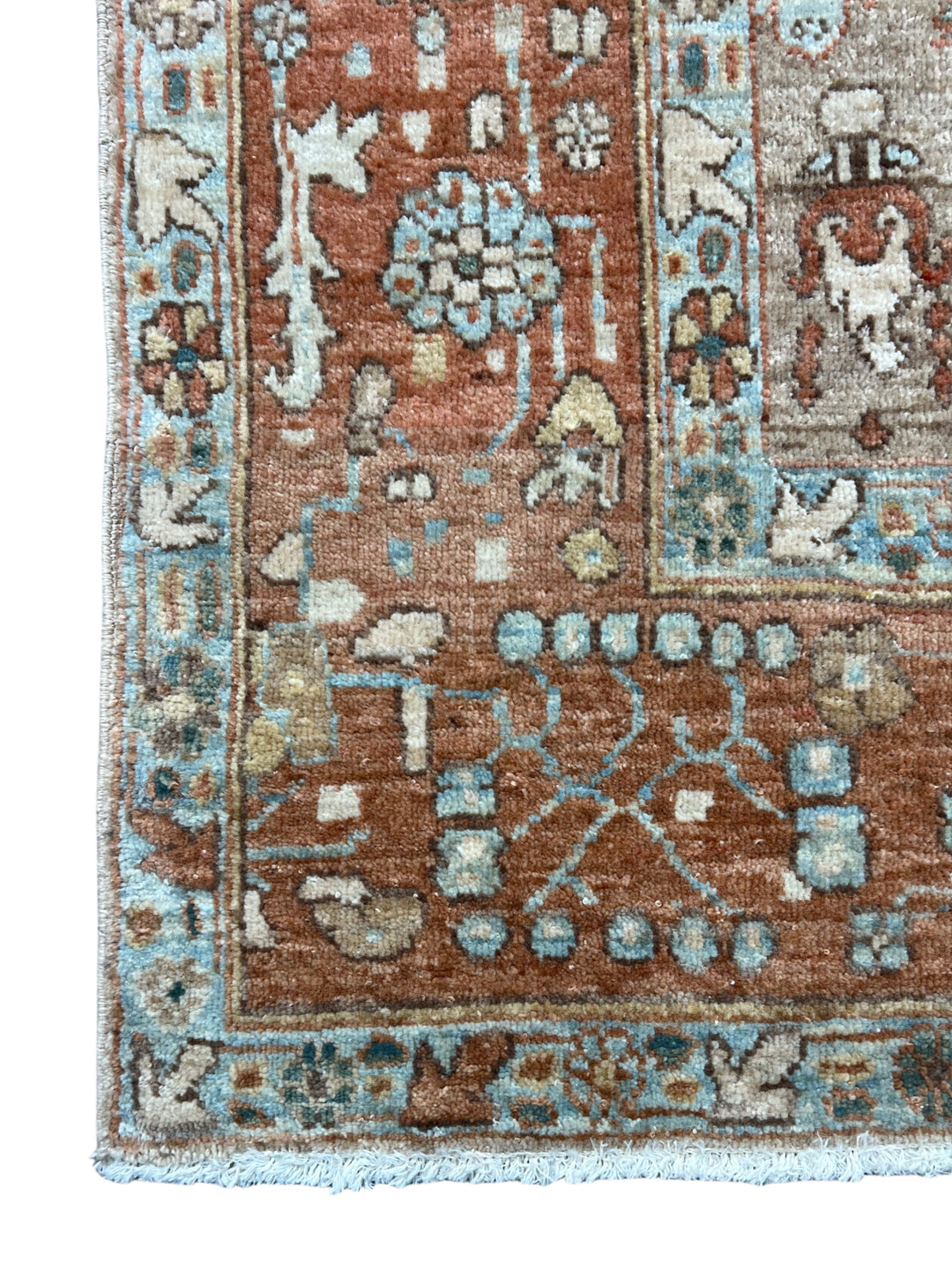 Terracotta &amp; Aqua Blue Antique Bakshaish Rug – Garden Design, Circa 1930 – 6’0” x 7’4”