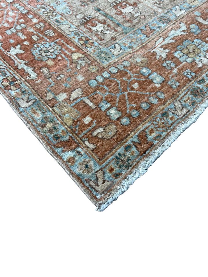Terracotta &amp; Aqua Blue Antique Bakshaish Rug – Garden Design, Circa 1930 – 6’0” x 7’4”