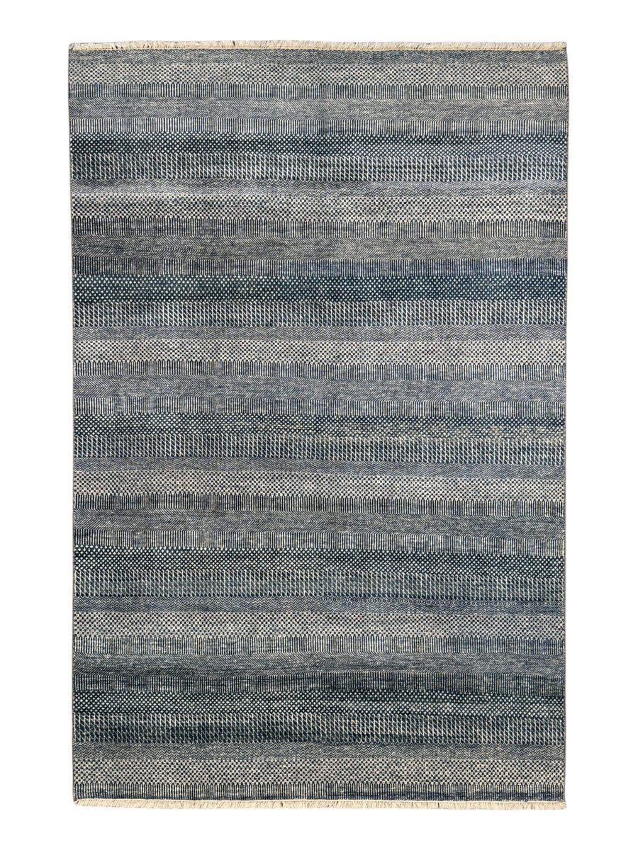 Indigo Cadence – Navy Blue & Ivory Geometric Striped Modern Rug – 6’0” x 9’0”