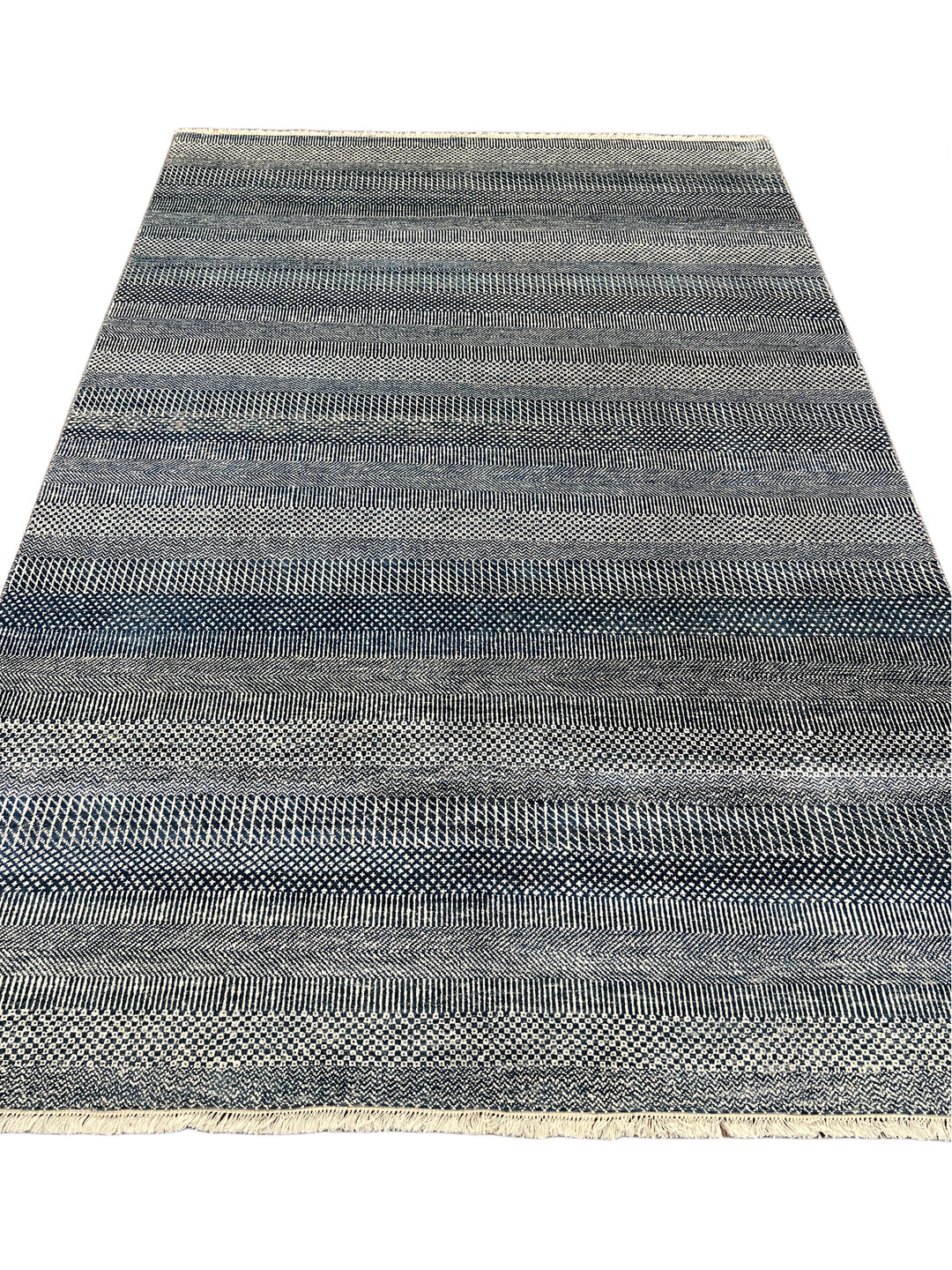 Indigo Cadence – Navy Blue &amp; Ivory Geometric Striped Modern Rug – 6’0” x 9’0”