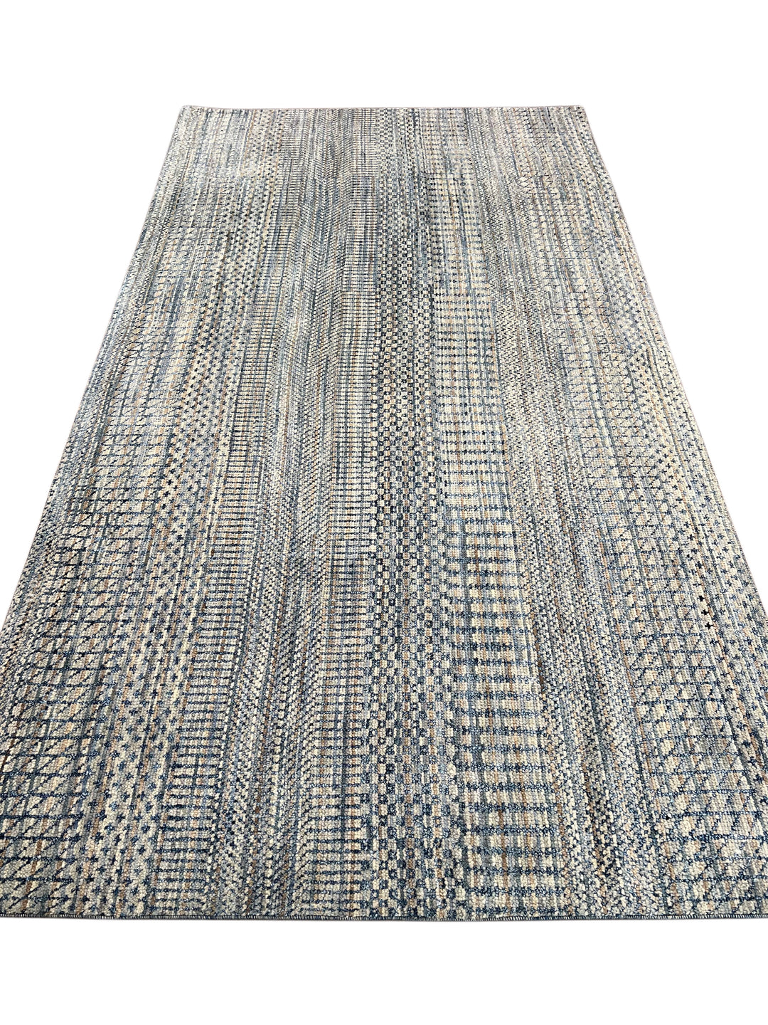 Lazuline – Slate Blue, Ivory &amp; Beige Geometric Striped Modern Rug – 4’10” x 8’11”