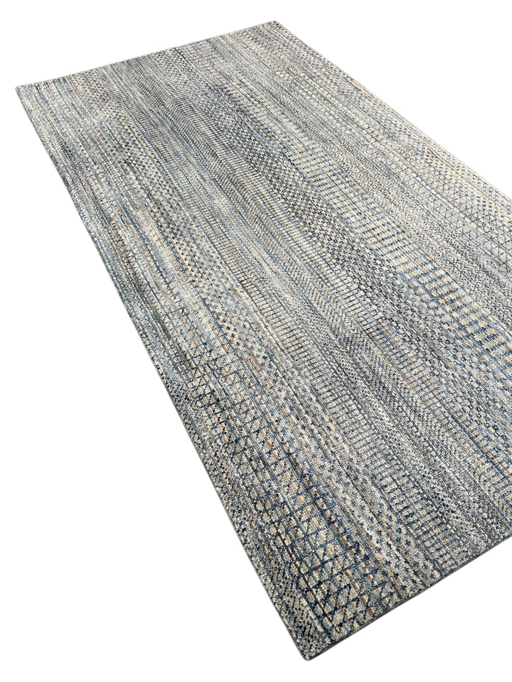 Lazuline – Slate Blue, Ivory &amp; Beige Geometric Striped Modern Rug – 4’10” x 8’11”