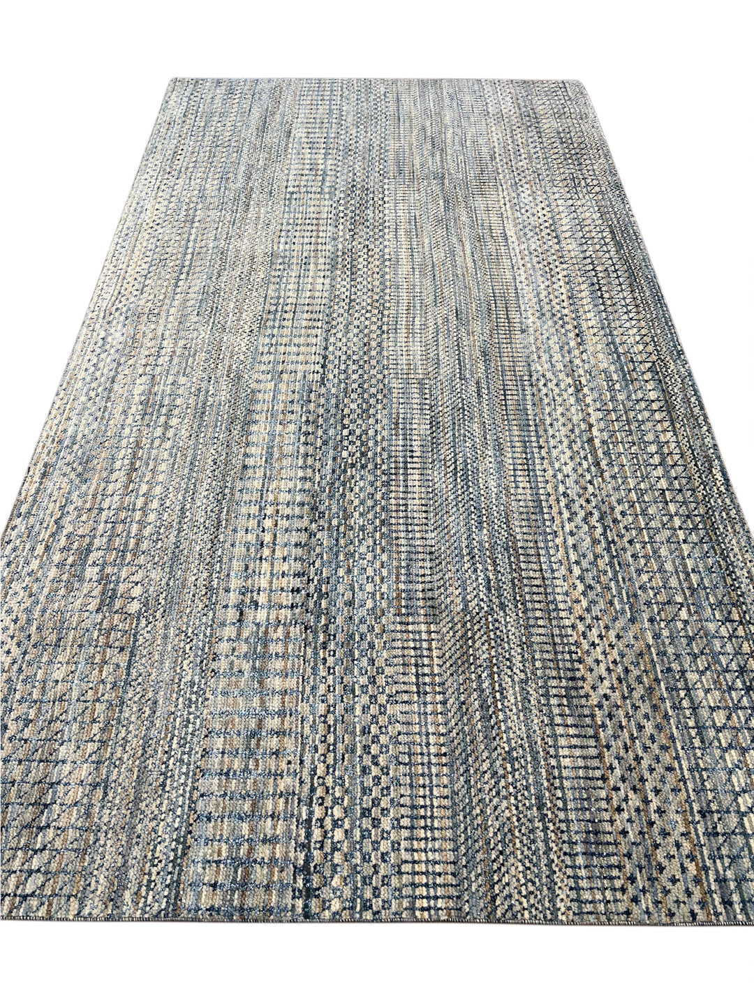 Lazuline – Slate Blue, Ivory &amp; Beige Geometric Striped Modern Rug – 4’10” x 8’11”