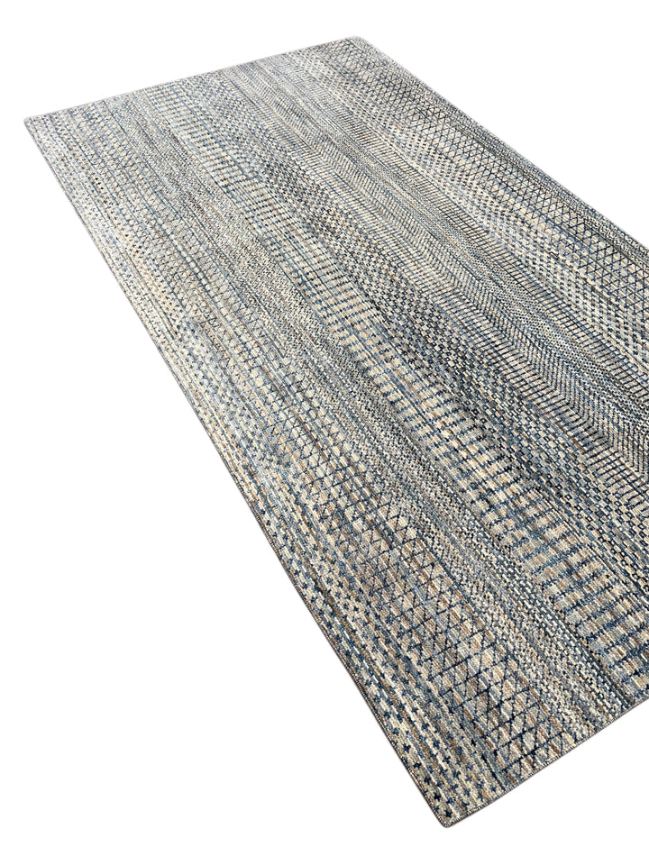 Lazuline – Slate Blue, Ivory &amp; Beige Geometric Striped Modern Rug – 4’10” x 8’11”