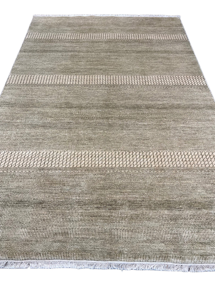 Avelin - Ivory, Taupe &amp; Grey Geometric Striped Modern Rug – 6’2” x 9’3”