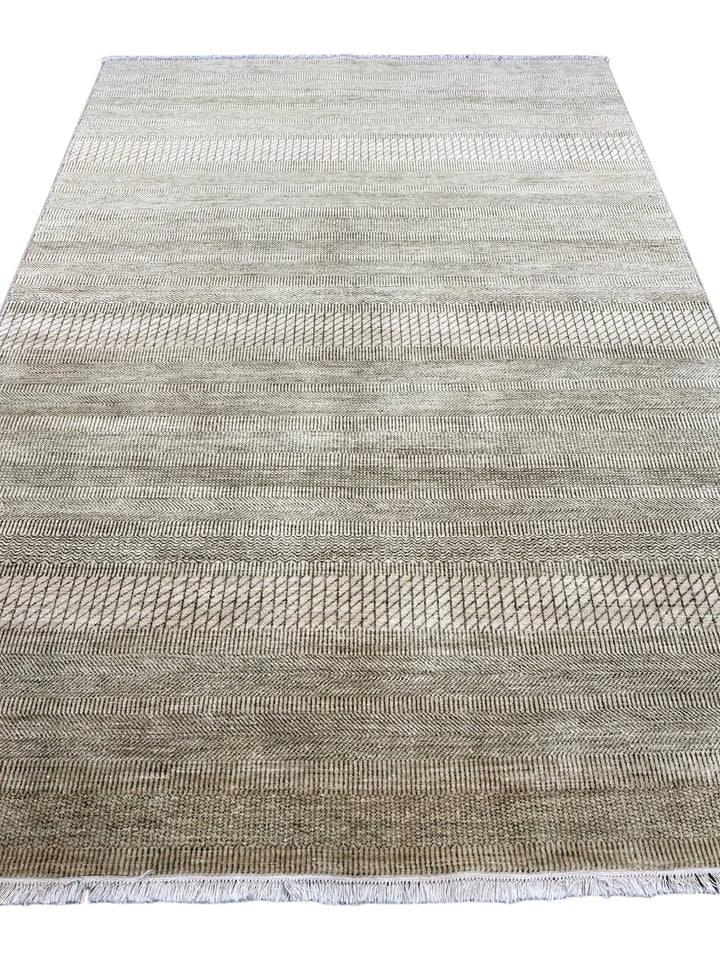 Avelin - Ivory, Taupe &amp; Grey Geometric Striped Modern Rug – 6’2” x 9’3”