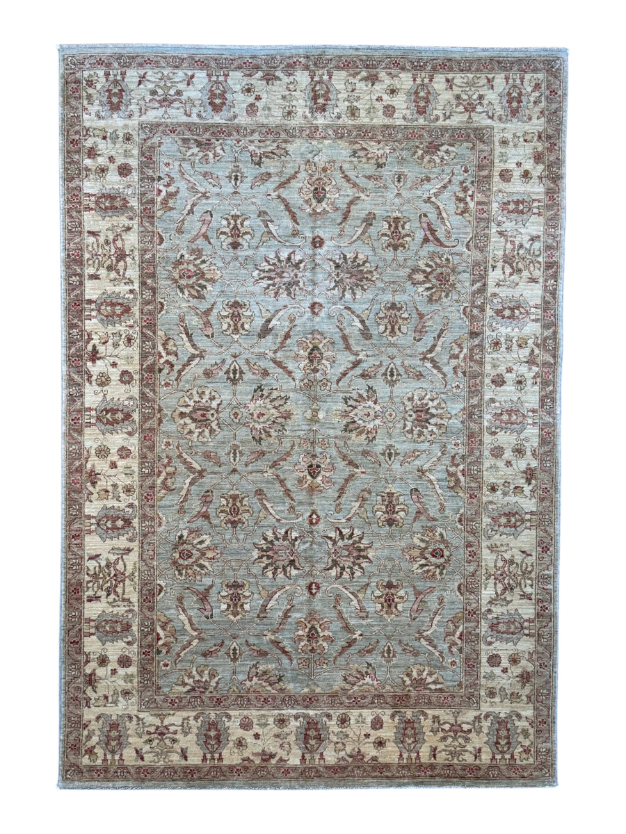 Celestine - Light Blue, Ivory & Muted Burgundy Floral Oushak Style Rug – 5’11” x 8’7”