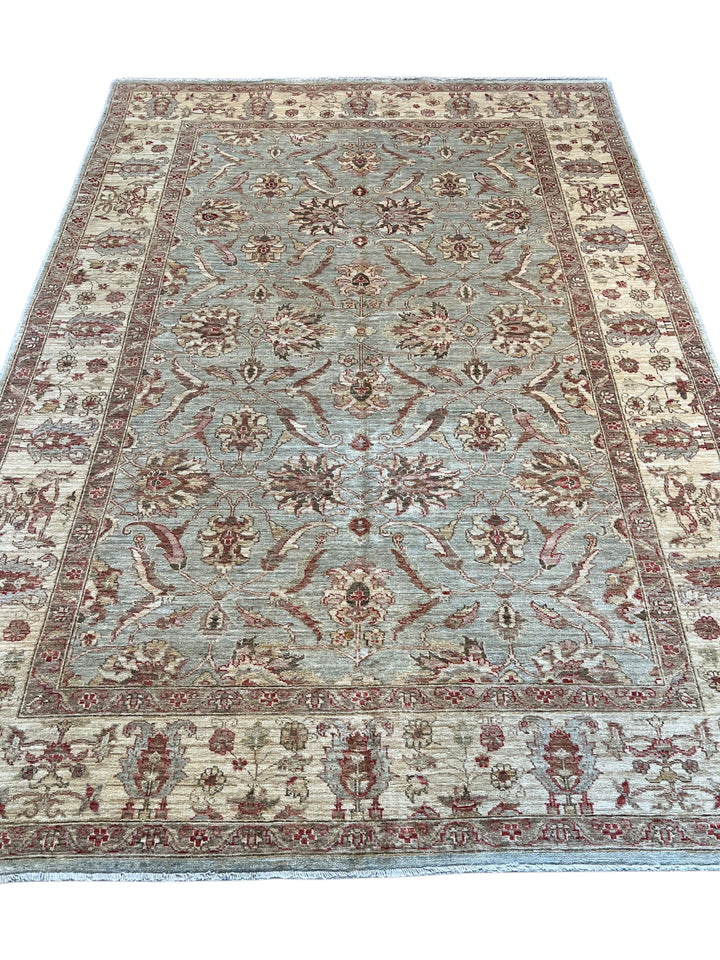 Celestine - Light Blue, Ivory &amp; Muted Burgundy Floral Oushak Style Rug – 5’11” x 8’7”