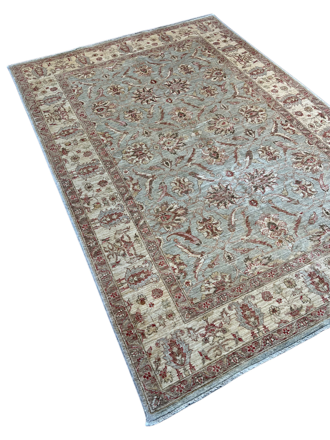 Celestine - Light Blue, Ivory &amp; Muted Burgundy Floral Oushak Style Rug – 5’11” x 8’7”