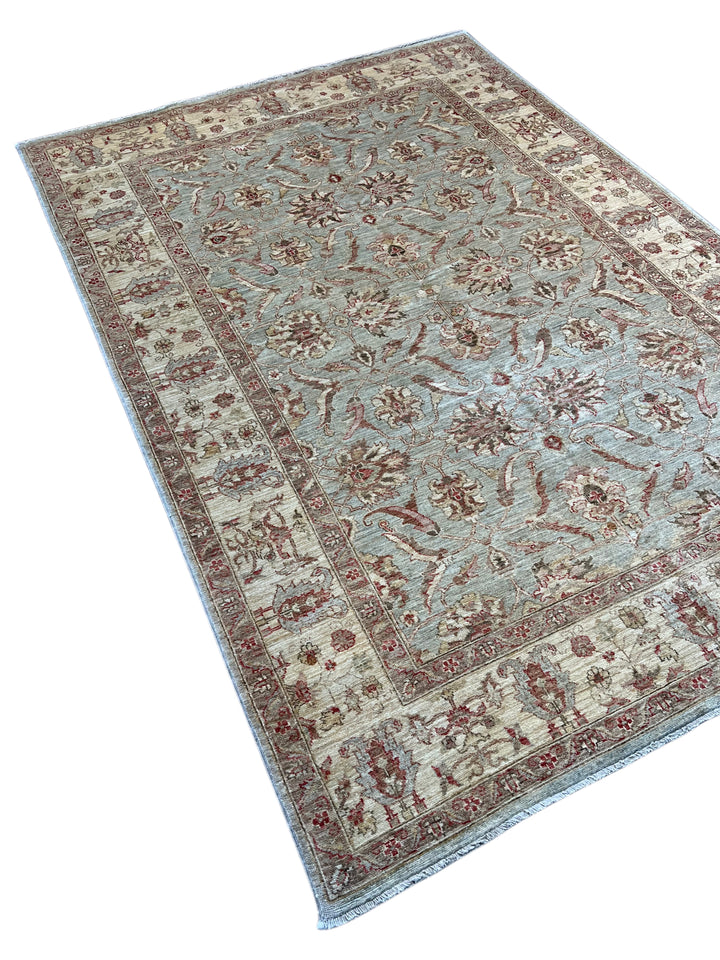 Celestine - Light Blue, Ivory &amp; Muted Burgundy Floral Oushak Style Rug – 5’11” x 8’7”