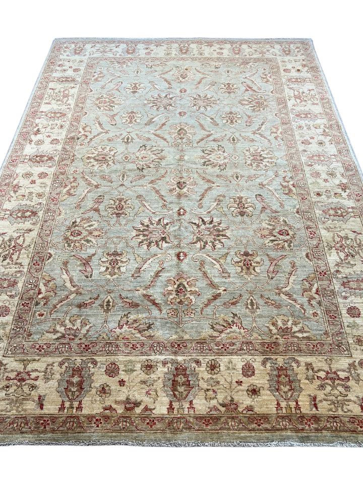 Celestine - Light Blue, Ivory &amp; Muted Burgundy Floral Oushak Style Rug – 5’11” x 8’7”
