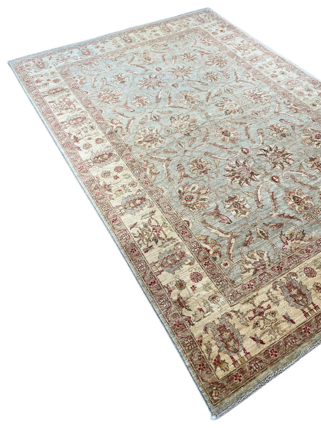 Celestine - Light Blue, Ivory &amp; Muted Burgundy Floral Oushak Style Rug – 5’11” x 8’7”