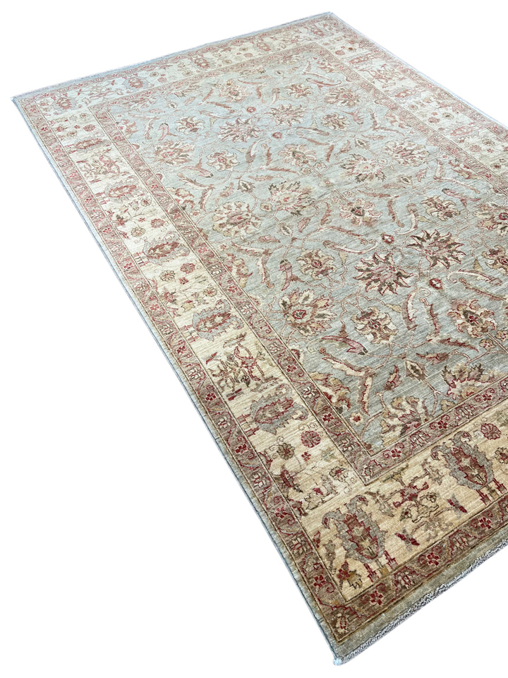 Celestine - Light Blue, Ivory &amp; Muted Burgundy Floral Oushak Style Rug – 5’11” x 8’7”