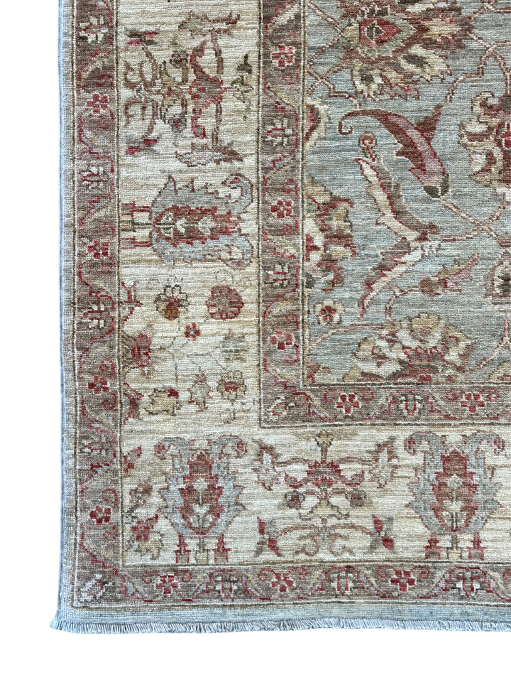 Celestine - Light Blue, Ivory &amp; Muted Burgundy Floral Oushak Style Rug – 5’11” x 8’7”