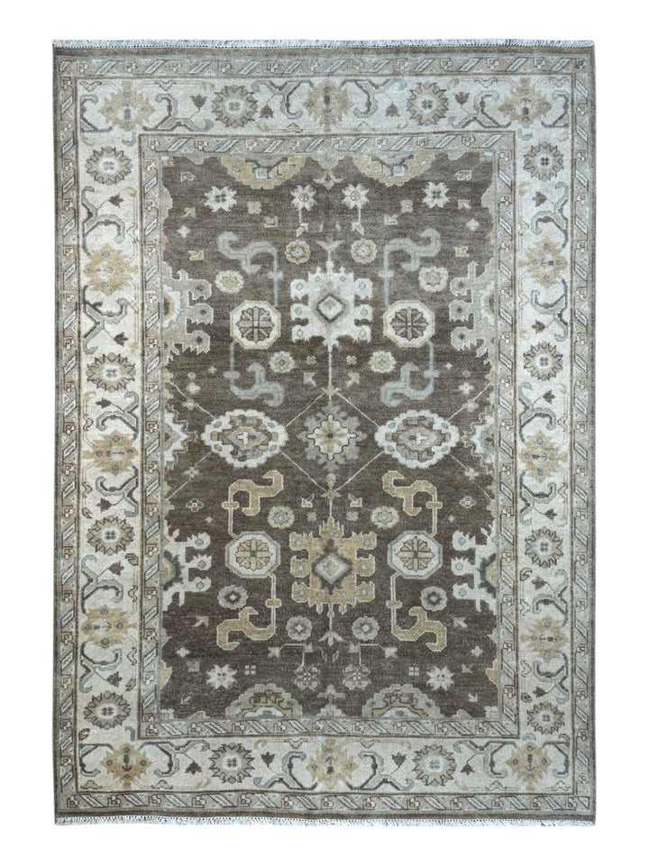 Ashbourne - Chocolate Brown, Ivory &amp; Soft Blue Oushak Rug – 6’2” x 8’11”